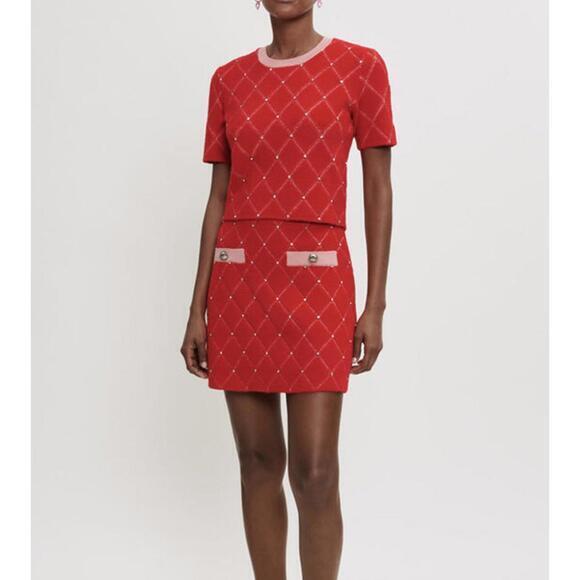 Maje Tops - Maje Diamond Pattern Rhinestone Short-Sleeve Sweater • Red/Pink • S (NWOT)‎